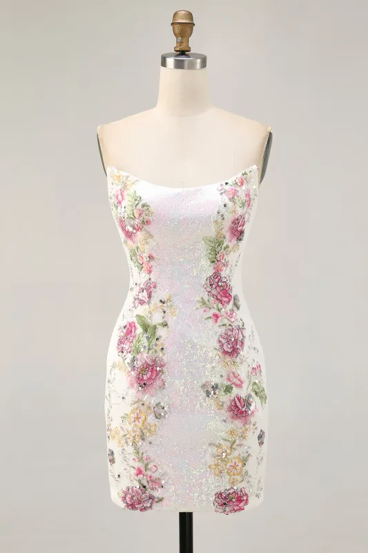 Sparkly Sequins Floral Strapless White Bodycon Homecoming Dress made by Wedtrend