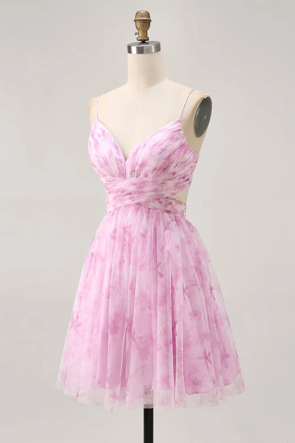 Pink A-Line Spaghetti Straps Ruched Floral Homecoming Dress with Lace Up Back sold by Wedtrend product image thumbnail 3