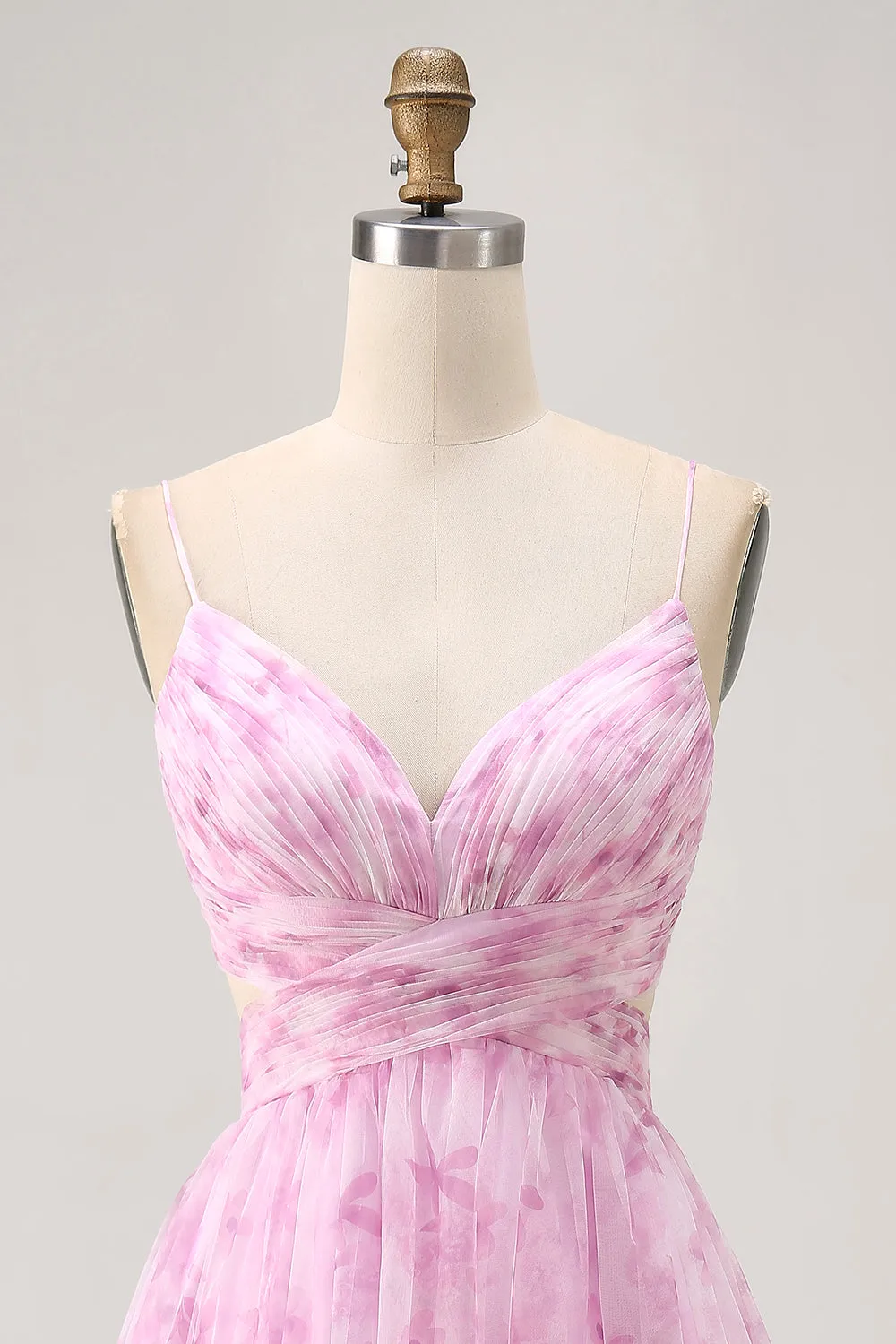 Pink A-Line Spaghetti Straps Ruched Floral Homecoming Dress with Lace Up Back sold by Wedtrend product image thumbnail 4