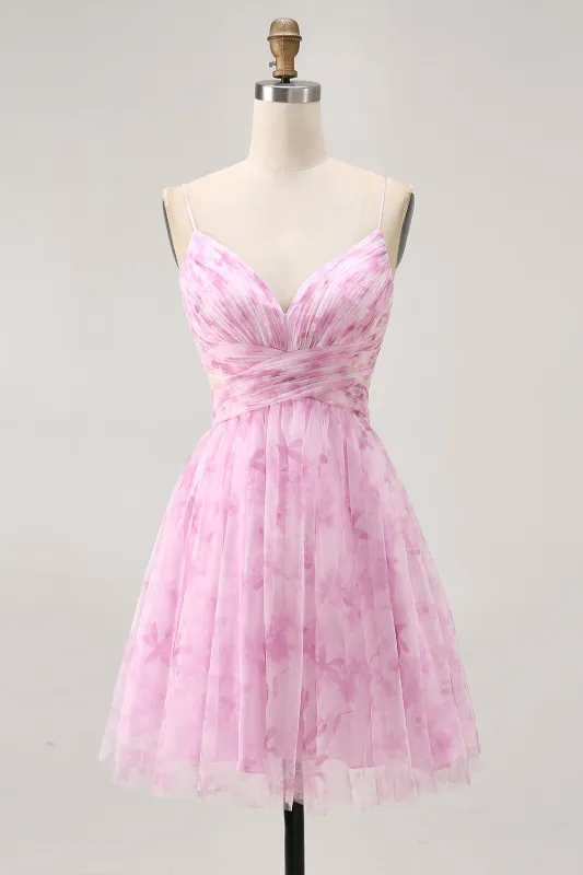 Pink A-Line Spaghetti Straps Ruched Floral Homecoming Dress with Lace Up Back sold by Wedtrend