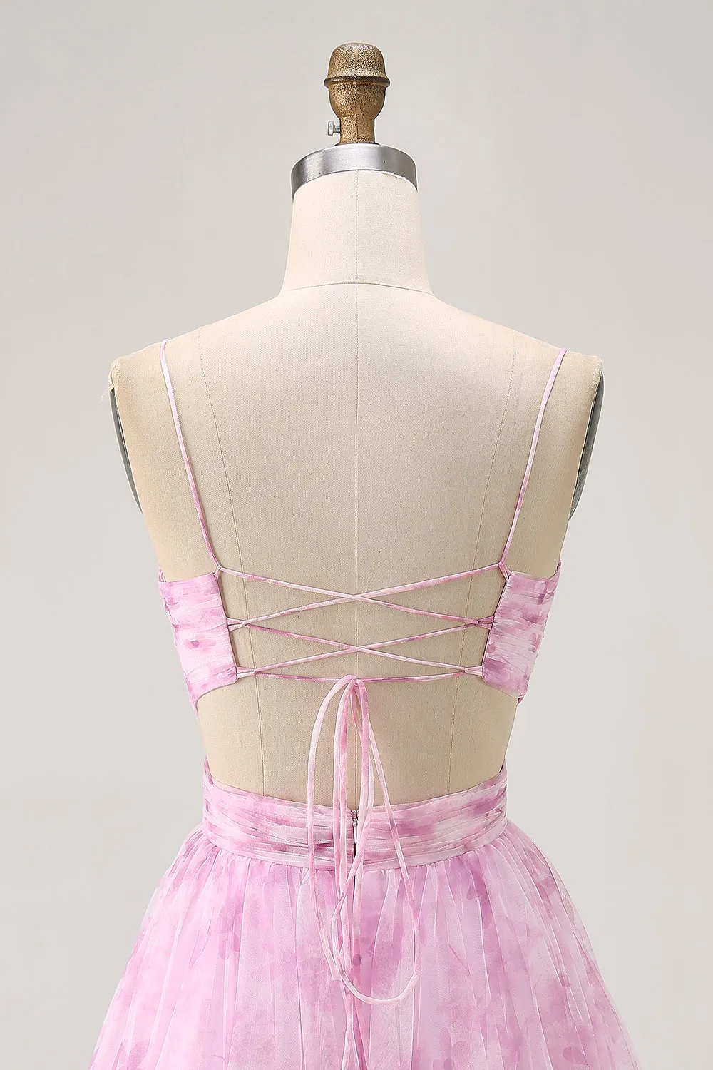 Pink A-Line Spaghetti Straps Ruched Floral Homecoming Dress with Lace Up Back sold by Wedtrend product image thumbnail 5