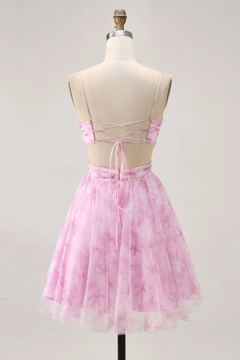 Pink A-Line Spaghetti Straps Ruched Floral Homecoming Dress with Lace Up Back sold by Wedtrend product image thumbnail 2
