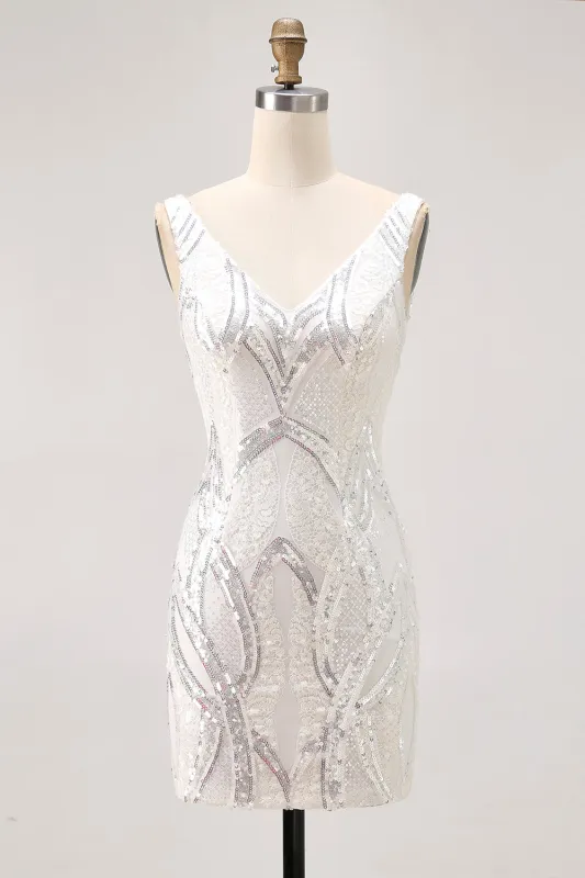 Sparkly White Bodycon V Neck Sequins Short Homecoming Dress sold by Wedtrend
