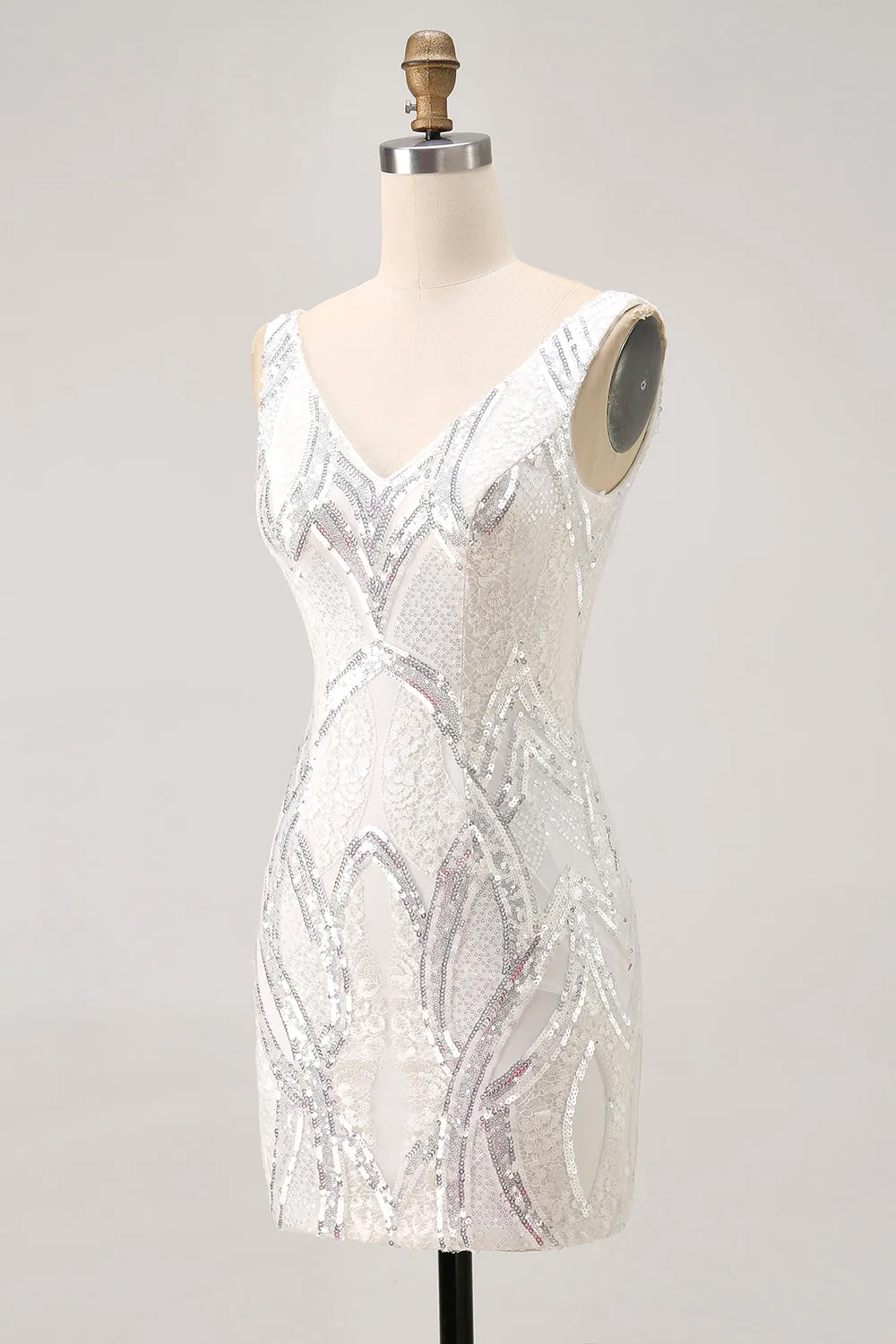 Sparkly White Bodycon V Neck Sequins Short Homecoming Dress sold by Wedtrend product image thumbnail 3