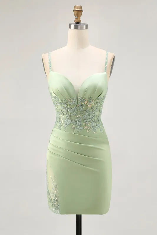 Matcha Spaghetti Straps Corset Tight Satin Homecoming Dress with Appliques sold by Wedtrend