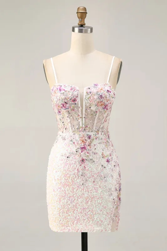 Sparkly White Bodycon Spaghetti Straps Sequins Short Floral Homecoming Dress made by Wedtrend