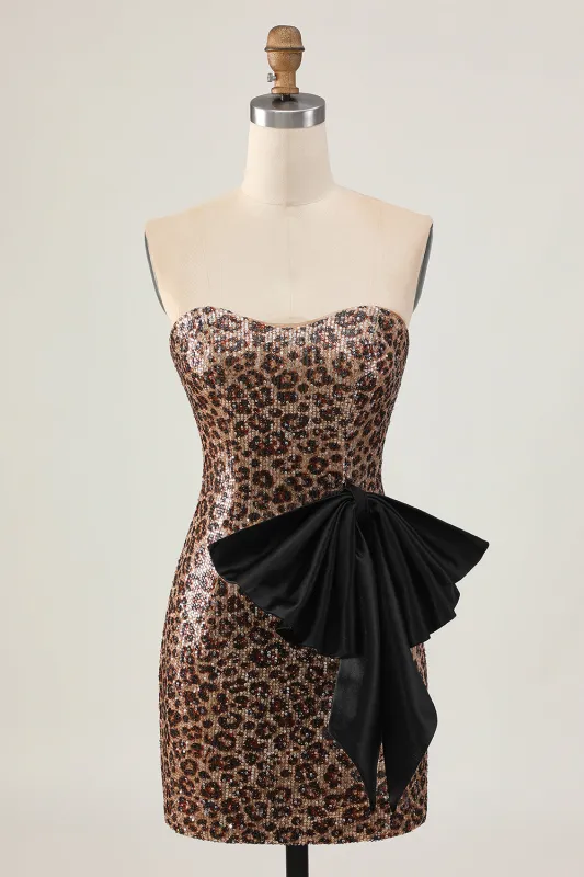 Brown Leopard Bodycon Strapless Short Homecoming Dress with Bow made by Wedtrend