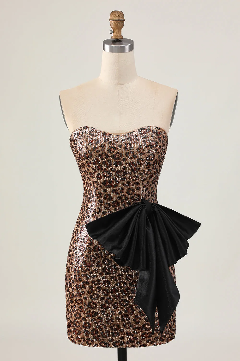 Brown Leopard Bodycon Strapless Short Homecoming Dress with Bow sold by Wedtrend