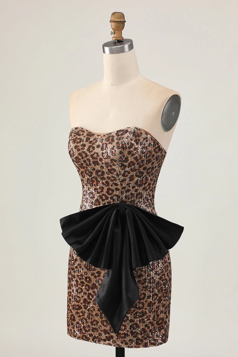 Brown Leopard Bodycon Strapless Short Homecoming Dress with Bow sold by Wedtrend product image thumbnail 3