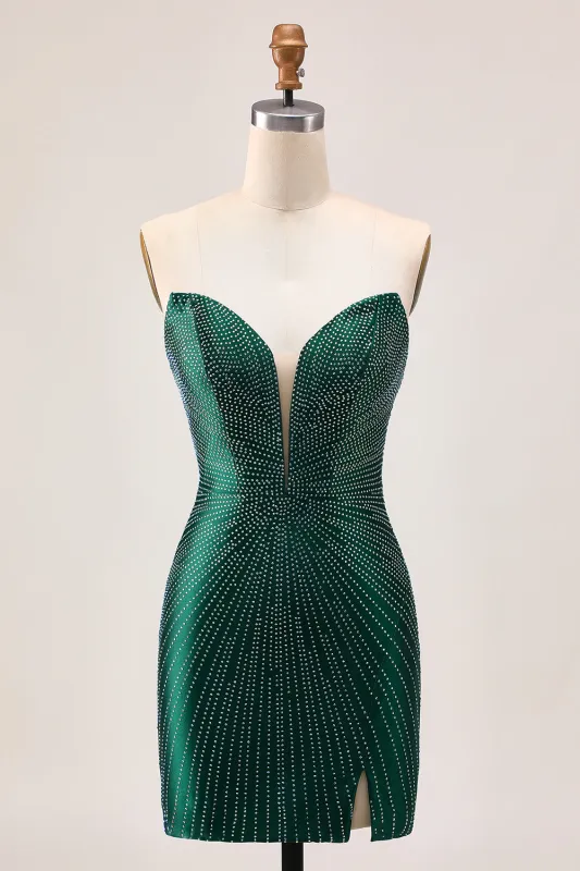 Sparkly Dark Green Bodycon Strapless Homecoming Dress with Slit sold by Wedtrend