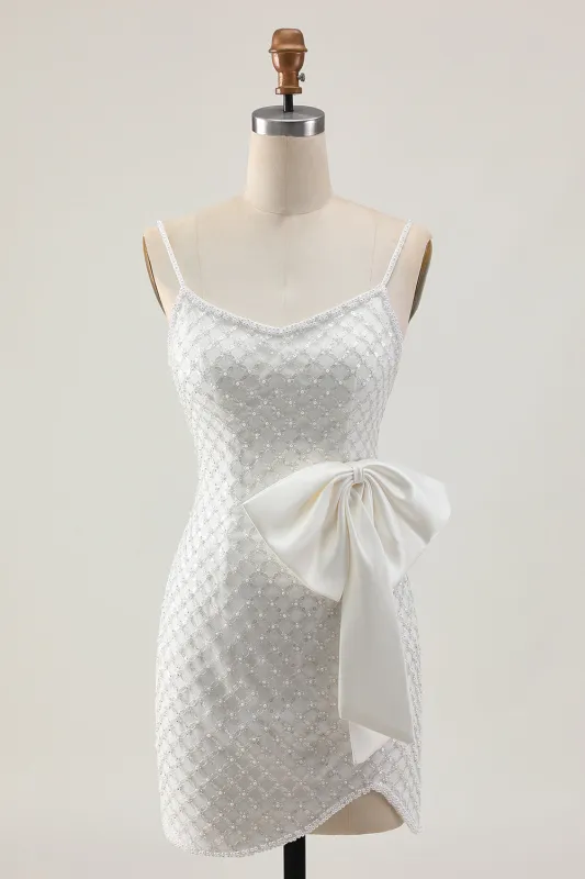 White Bodycon Spaghetti Straps Pearls Sequins Homecoming Dress with Bow made by Wedtrend
