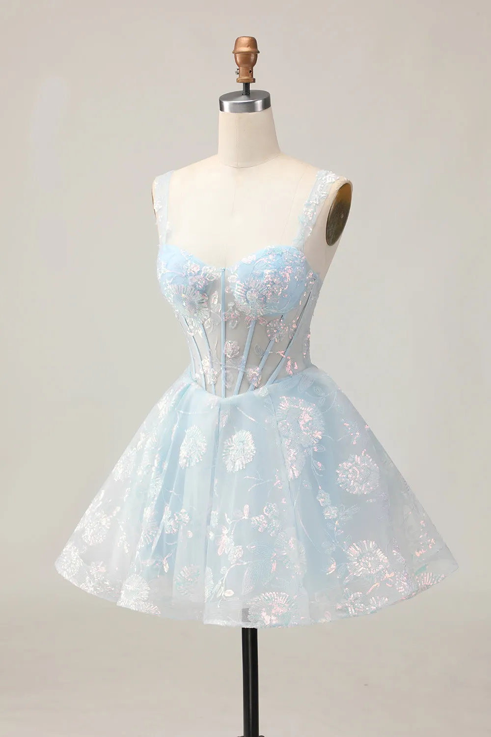 Sparkly Light Blue A-Line Floral Corset Short Homecoming Dress with Sequins sold by Wedtrend product image thumbnail 3