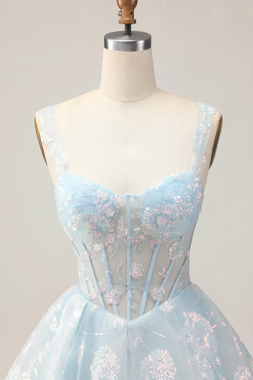Sparkly Light Blue A-Line Floral Corset Short Homecoming Dress with Sequins sold by Wedtrend product image thumbnail 4