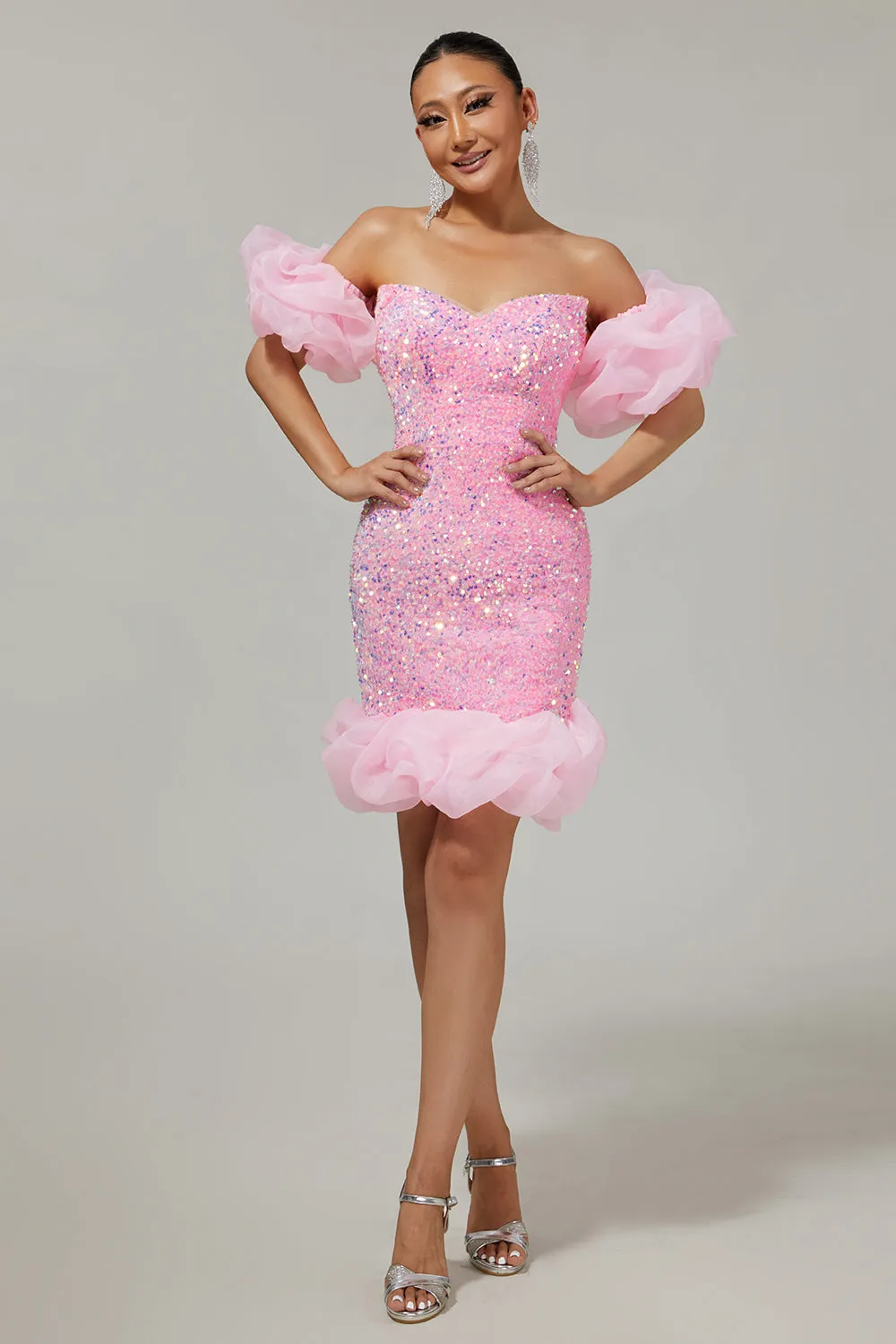 Pink Off The Shoulder Bodycon Sequins Short Homecoming Dress sold by Wedtrend product image thumbnail 3