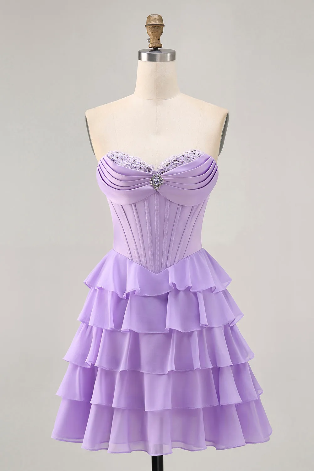 Cute Purple A-Line Tiered Strapless Corset Short Homecoming Dress sold by Wedtrend