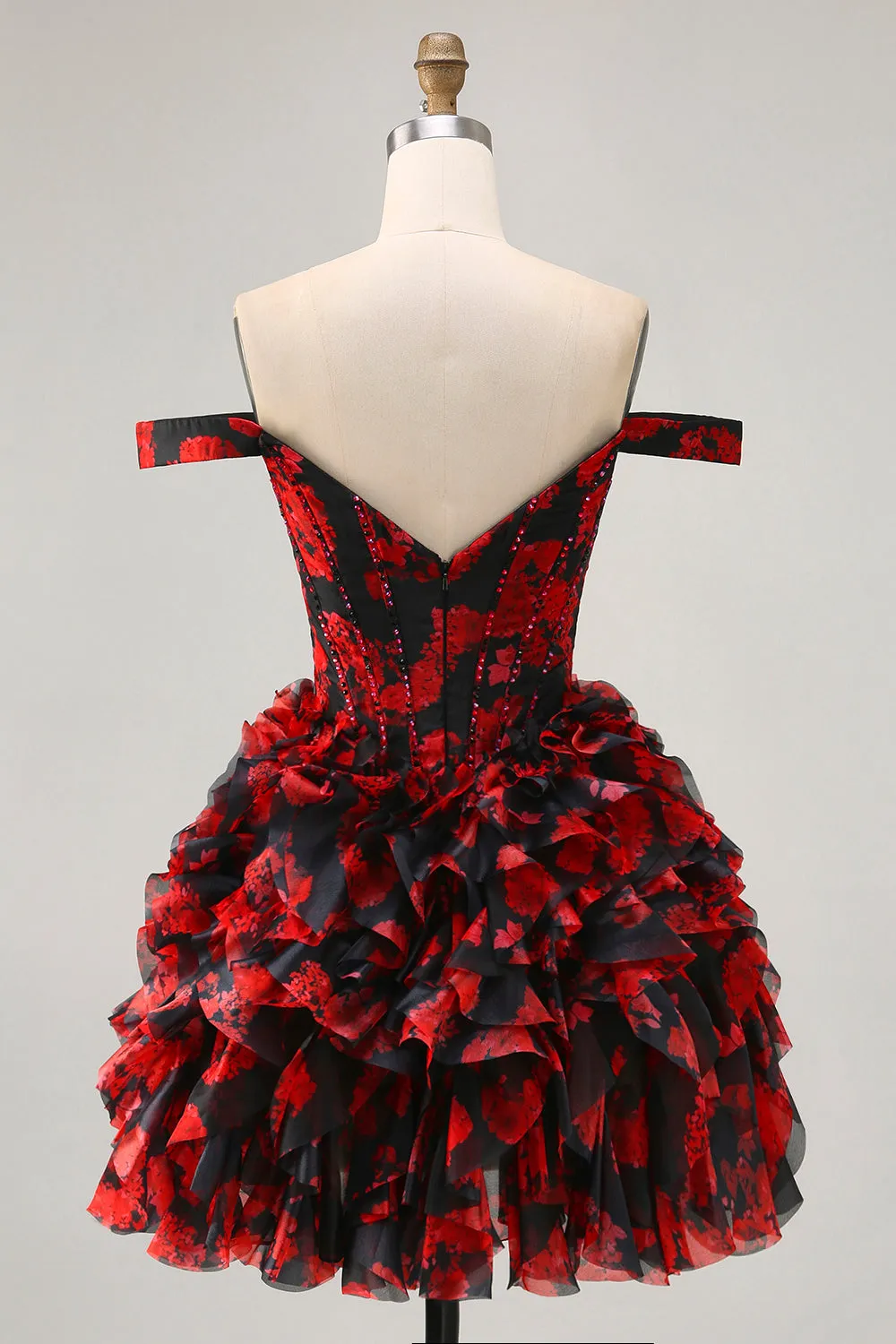 Black Red Off The Shoulder A-Line Printed Homecoming Dress with Beading sold by Wedtrend product image thumbnail 2