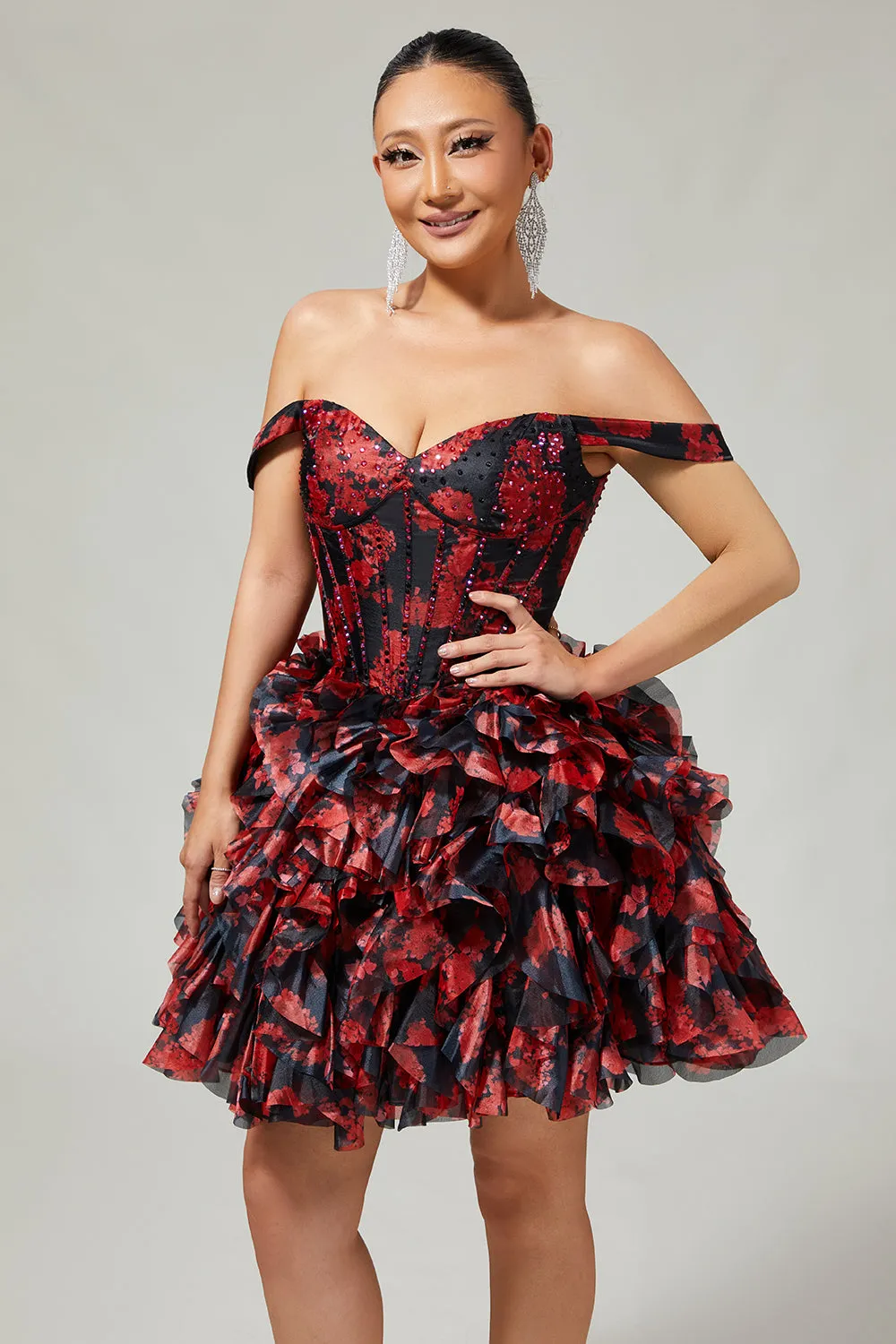 Black Red Off The Shoulder A-Line Printed Homecoming Dress with Beading sold by Wedtrend product image thumbnail 3