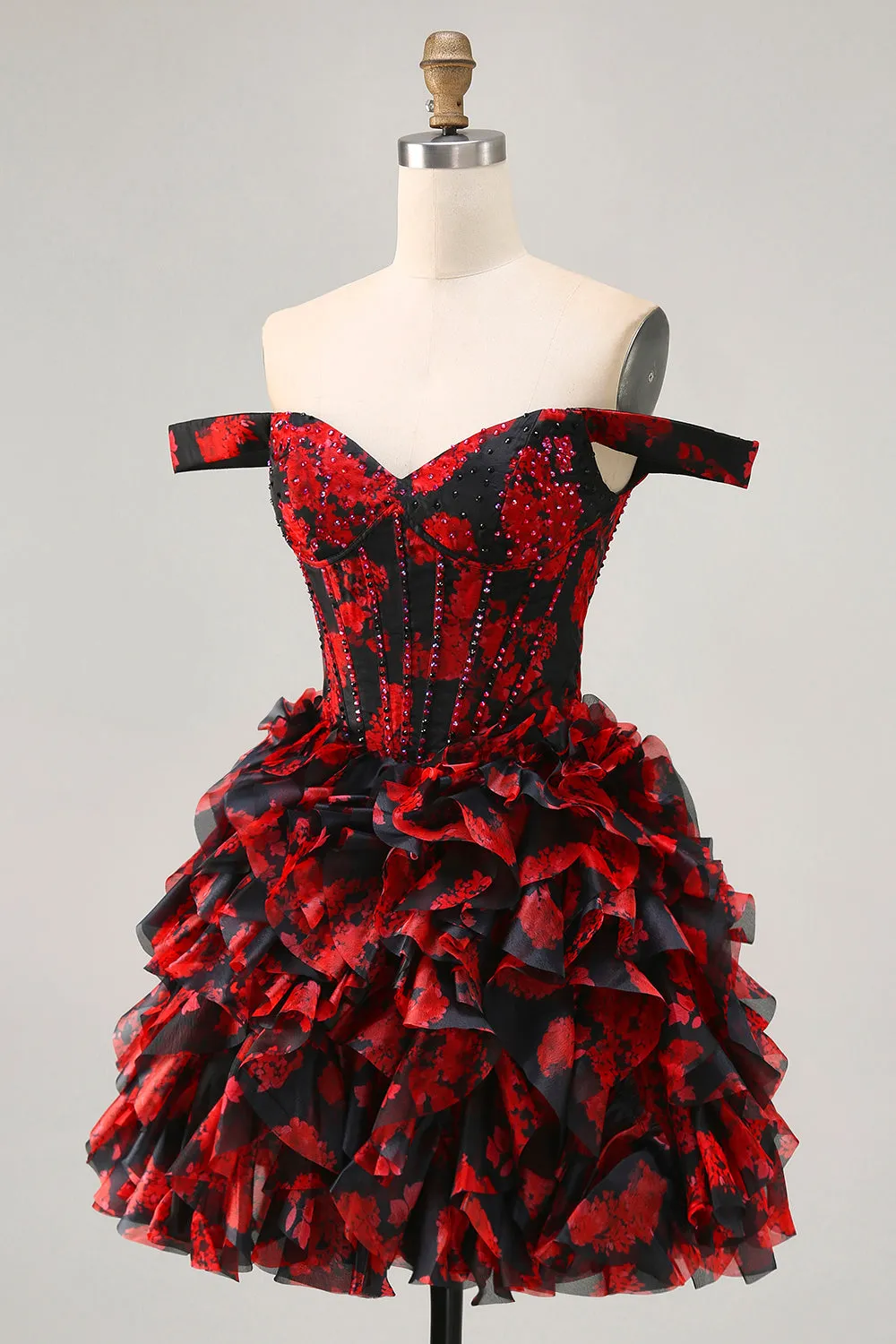 Black Red Off The Shoulder A-Line Printed Homecoming Dress with Beading sold by Wedtrend product image thumbnail 5