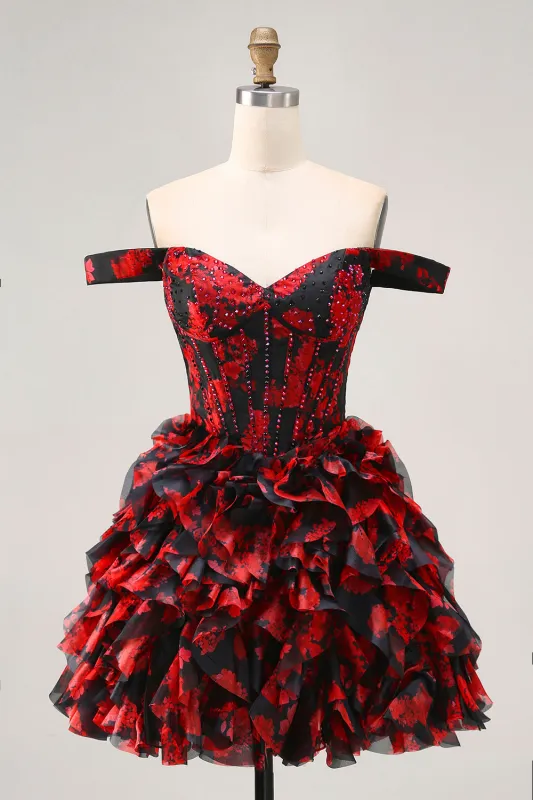 Black Red Off The Shoulder A-Line Printed Homecoming Dress with Beading sold by Wedtrend