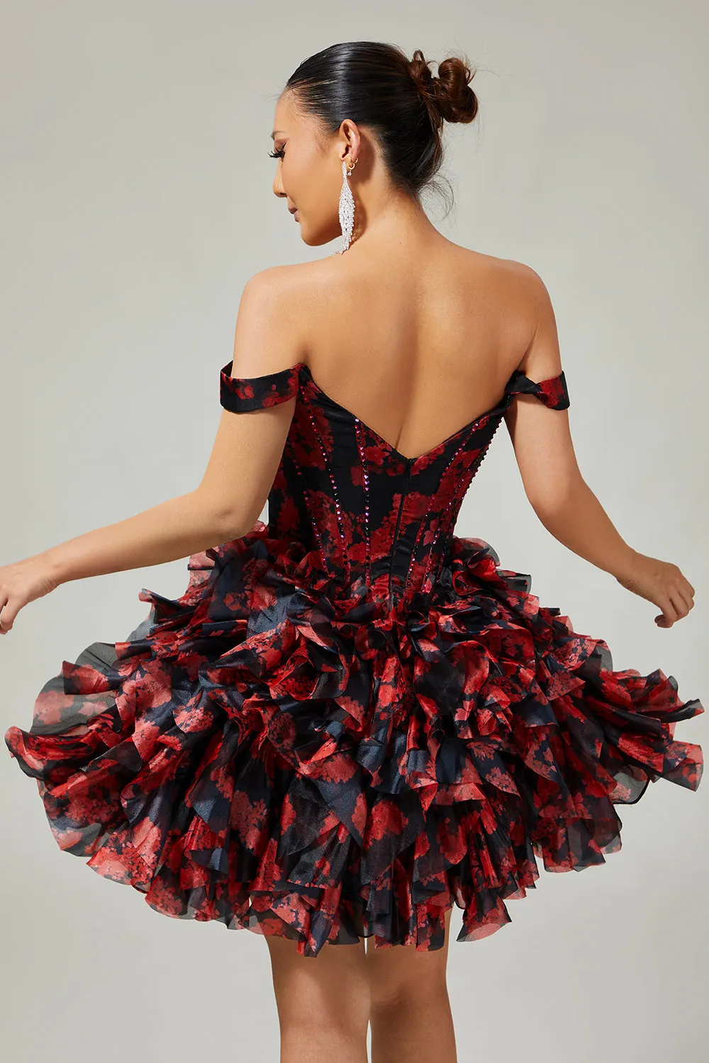 Black Red Off The Shoulder A-Line Printed Homecoming Dress with Beading sold by Wedtrend product image thumbnail 4