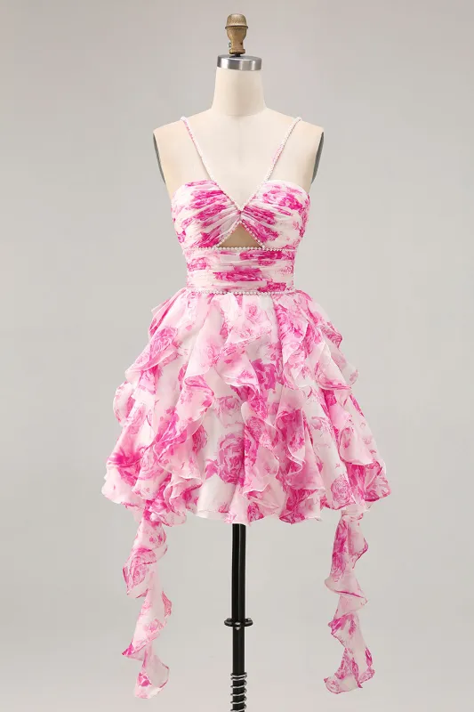 White Fuchsia Flower A-Line Halter Beaded Short Homecoming Dress with Pearls sold by Wedtrend