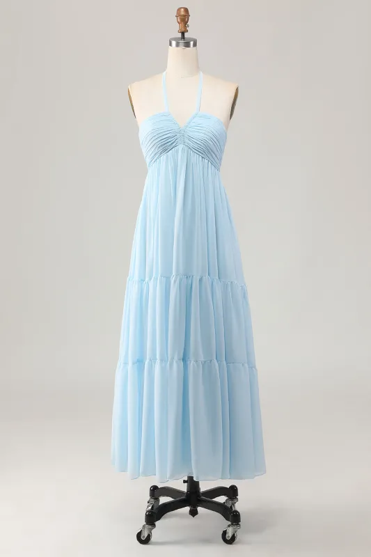 Sky Blue A Line Halter Long Wedding Guest Dress with Lace Up Back sold by Wedtrend