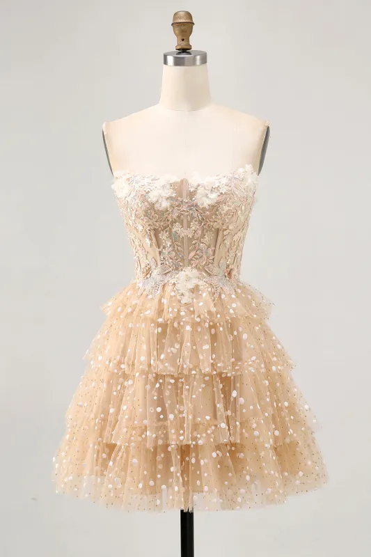 A Line Strapless Champagne Tiered Appliqued Short Homecoming Dress made by Wedtrend