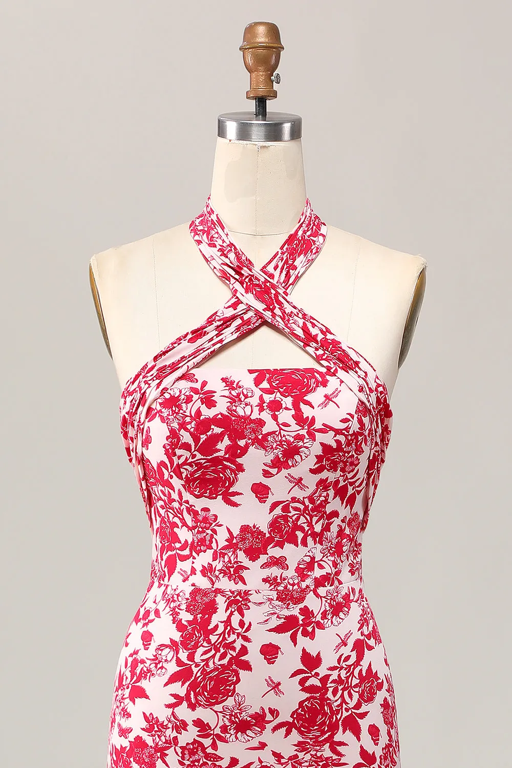 Red Flower Mermaid Halter Printed Midi Wedding Guest Dress sold by Wedtrend product image thumbnail 4