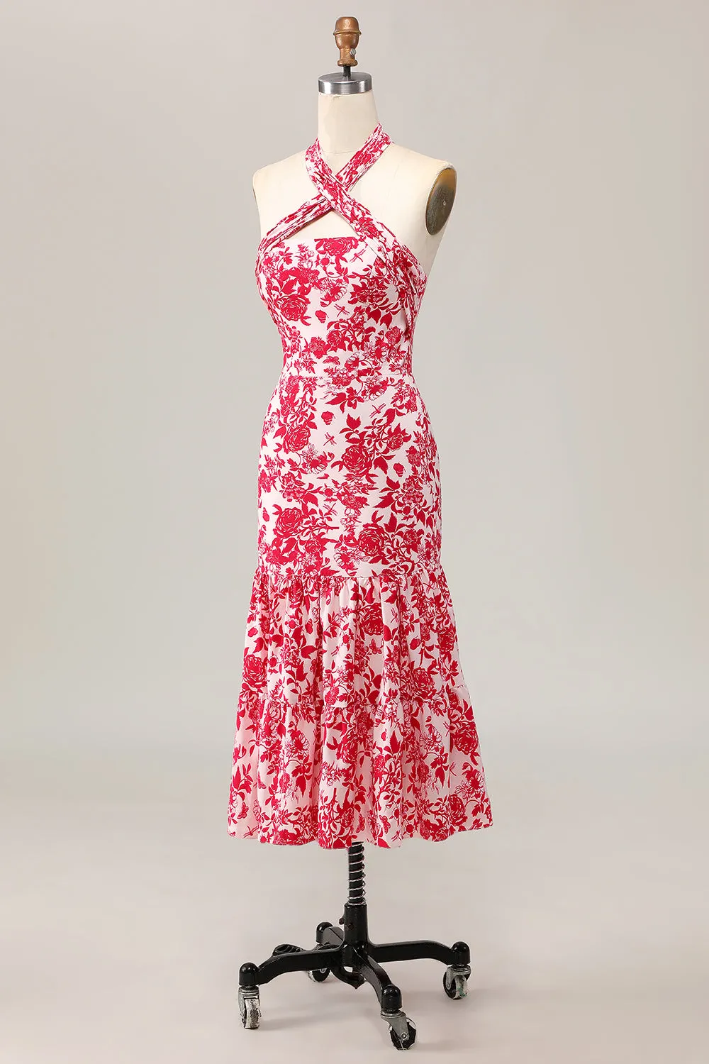 Red Flower Mermaid Halter Printed Midi Wedding Guest Dress sold by Wedtrend product image thumbnail 3