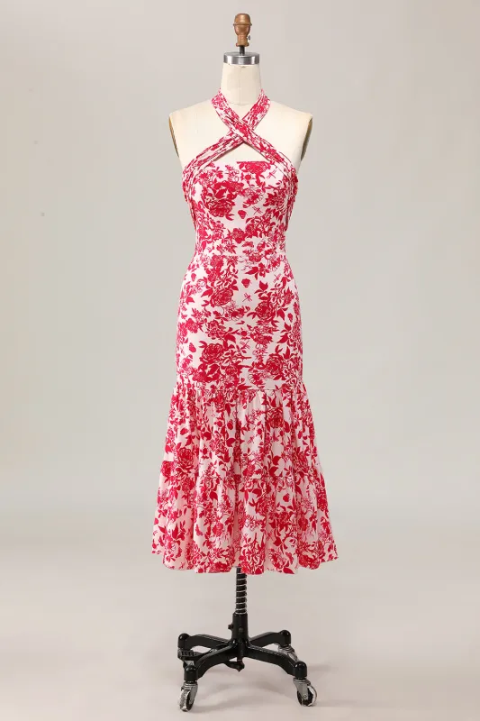 Red Flower Mermaid Halter Printed Midi Wedding Guest Dress made by Wedtrend