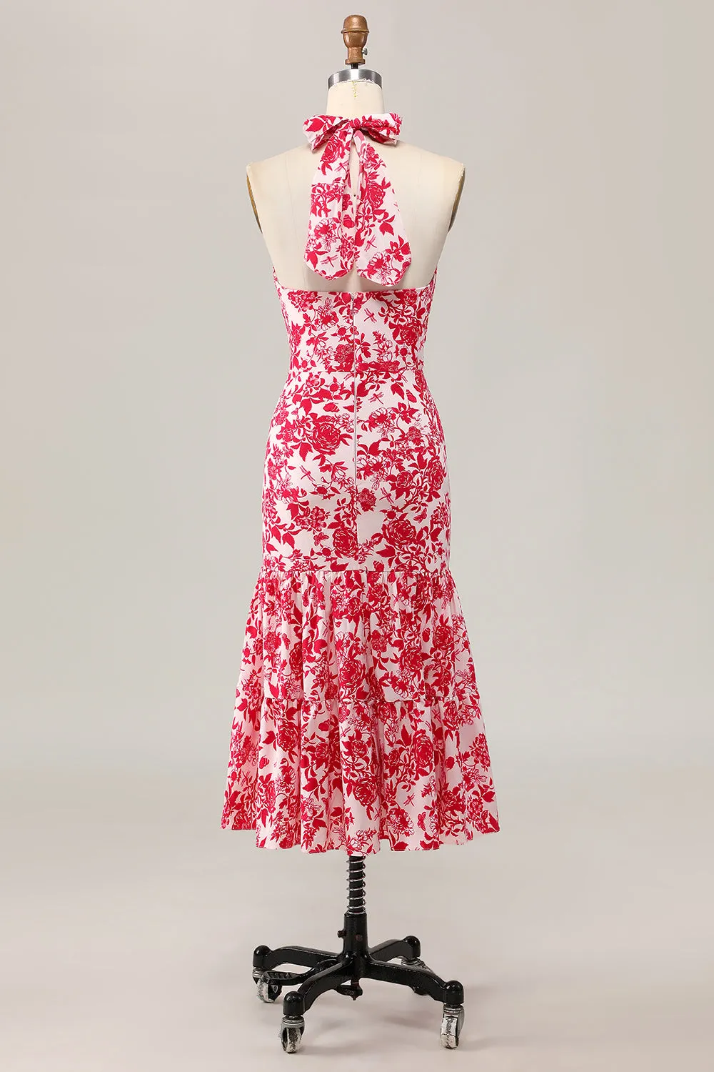 Red Flower Mermaid Halter Printed Midi Wedding Guest Dress sold by Wedtrend product image thumbnail 2