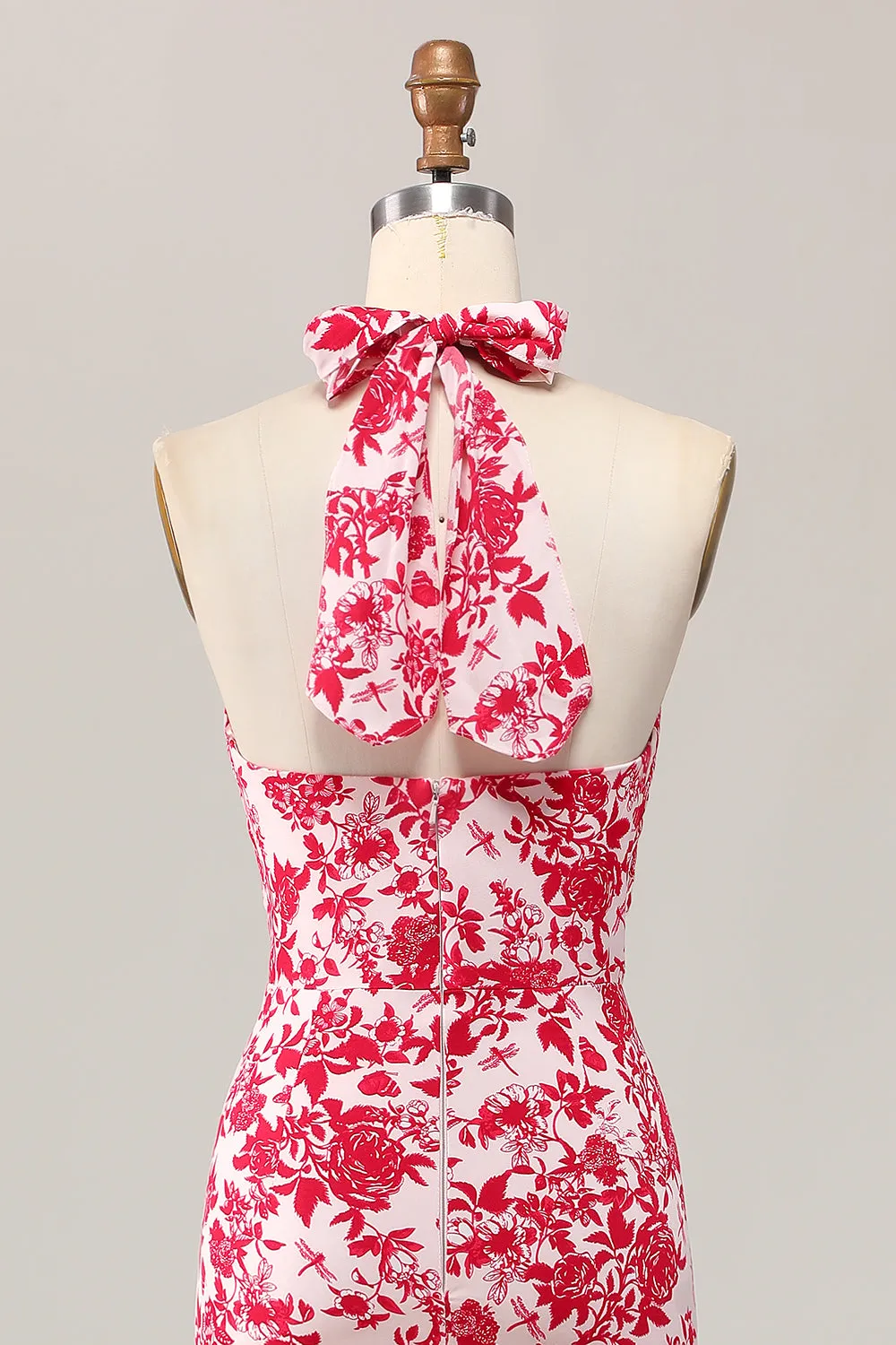 Red Flower Mermaid Halter Printed Midi Wedding Guest Dress sold by Wedtrend product image thumbnail 5
