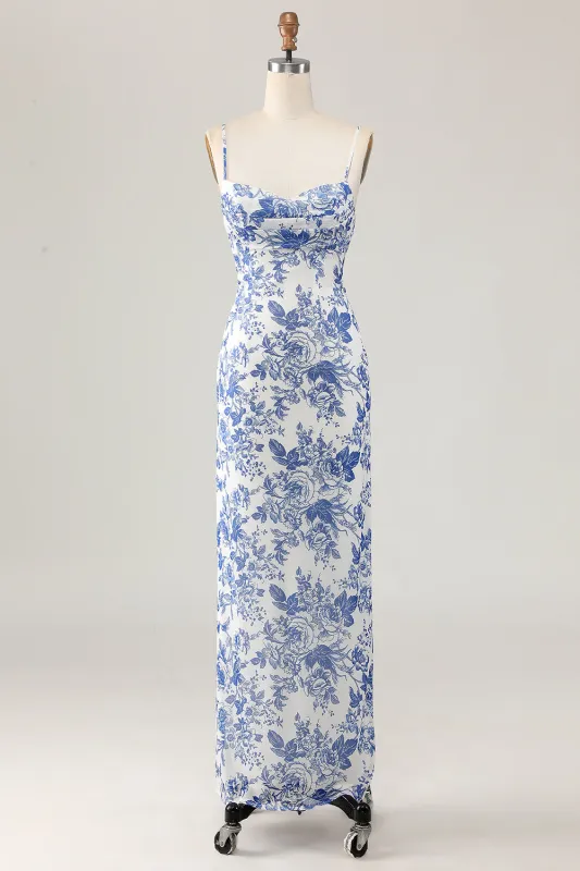 White Blue Flower Sheath Spaghetti Straps Printed Long Wedding Guest Dress made by Wedtrend