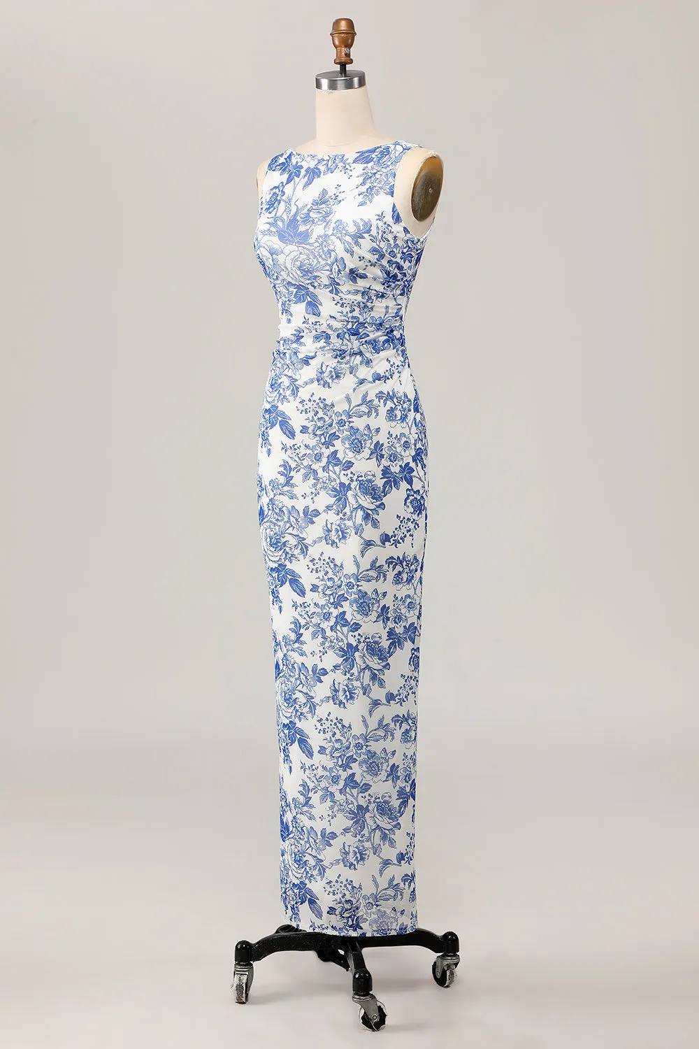 White Blue Flower Sheath Printed Long Wedding Guest Dress sold by Wedtrend product image thumbnail 3