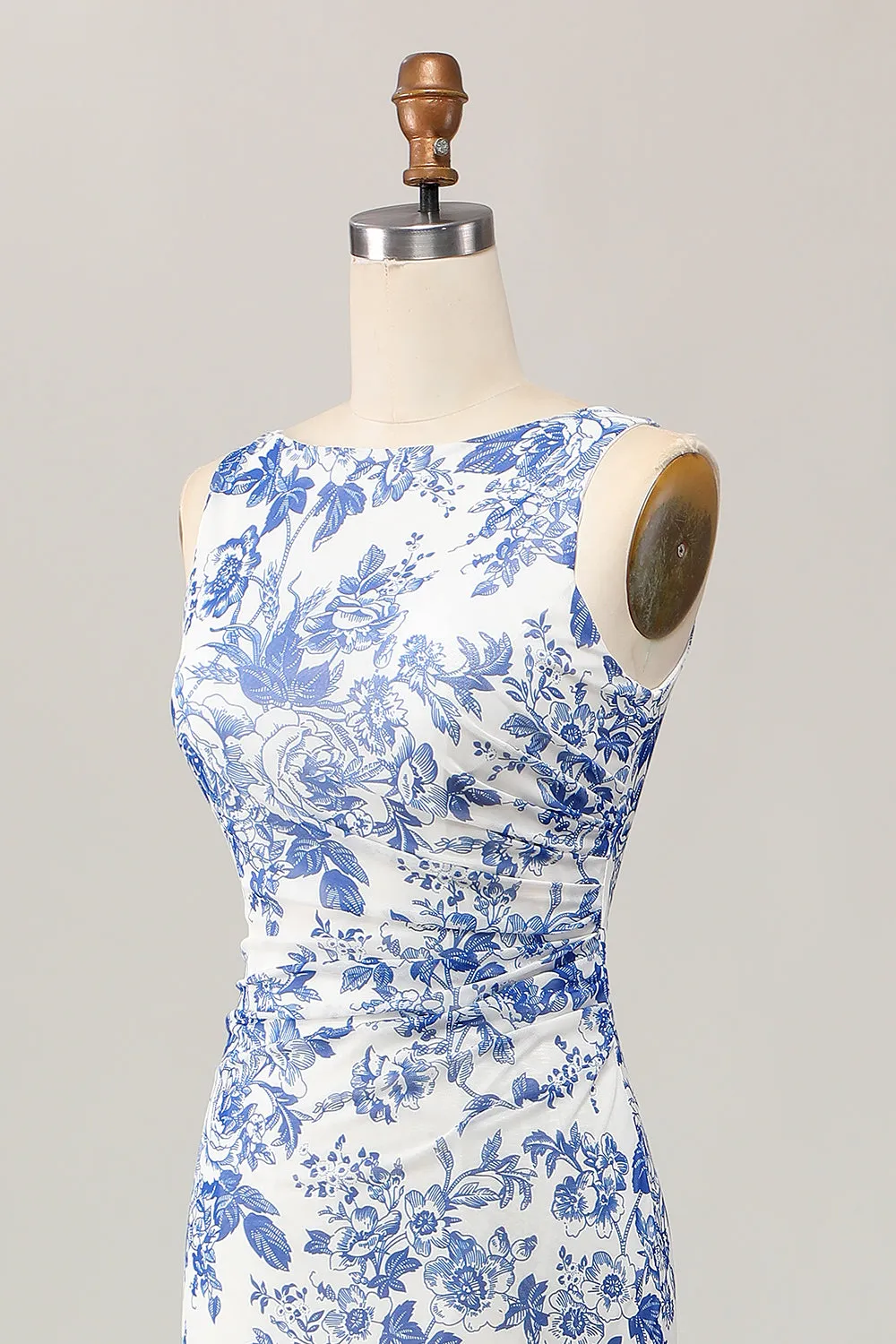 White Blue Flower Sheath Printed Long Wedding Guest Dress sold by Wedtrend product image thumbnail 5