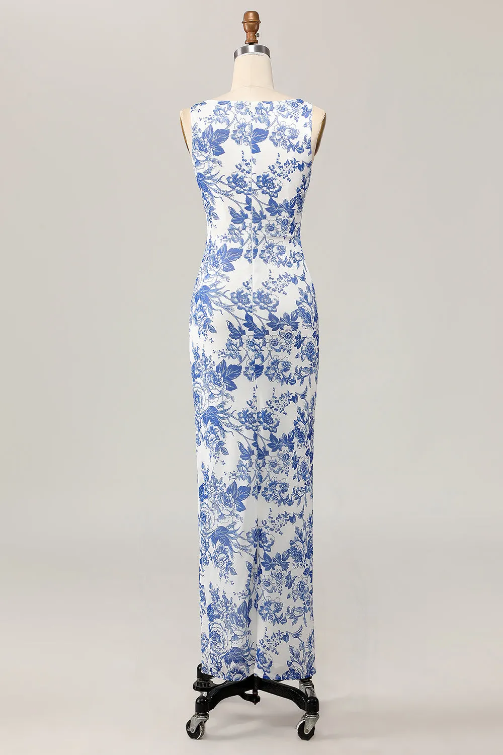 White Blue Flower Sheath Printed Long Wedding Guest Dress sold by Wedtrend product image thumbnail 2