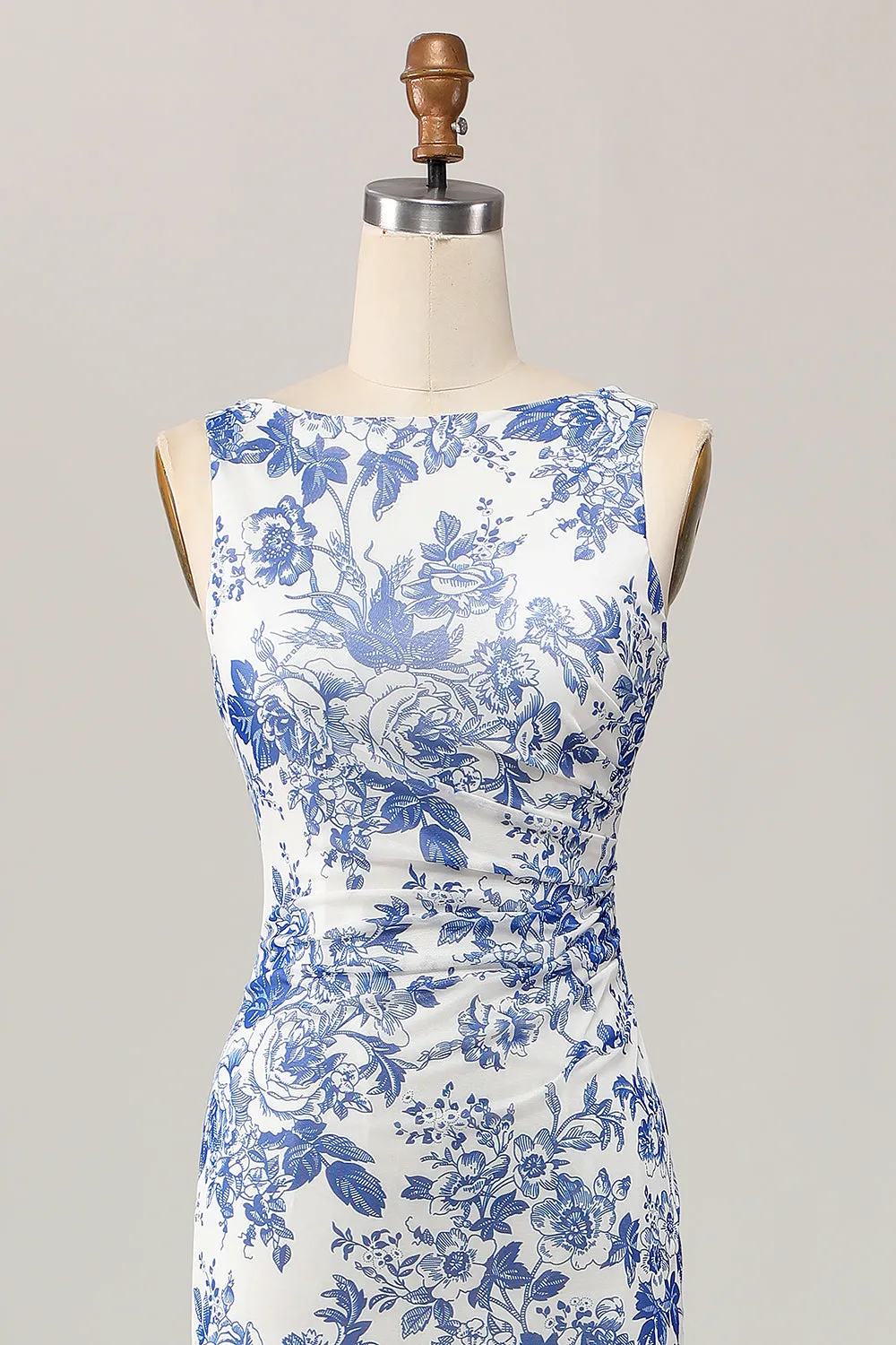 White Blue Flower Sheath Printed Long Wedding Guest Dress sold by Wedtrend product image thumbnail 4