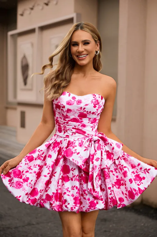 White Fuchsia Flower A Line Strapless Printed Floral Homecoming Dress with Bow sold by Wedtrend