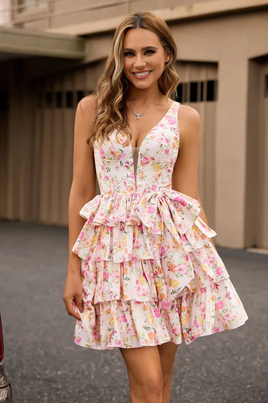 Pink A-Line V Neck Tiered Printed Floral Homecoming Dress with Bow sold by Wedtrend