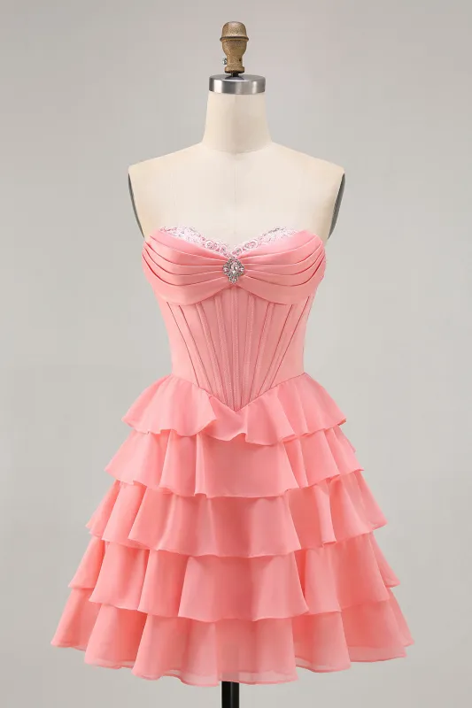 Cute Blush A-Line Strapless Corset Tiered Short Homecoming Dress with Beading sold by Wedtrend