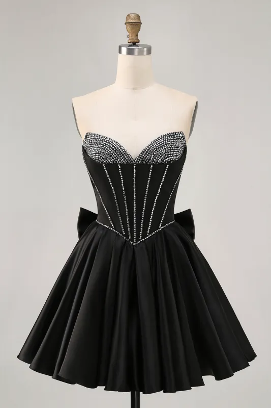 Sparkly Black A-Line Strapless Corset Beaded Short Homecoming Dress with Bow made by Wedtrend
