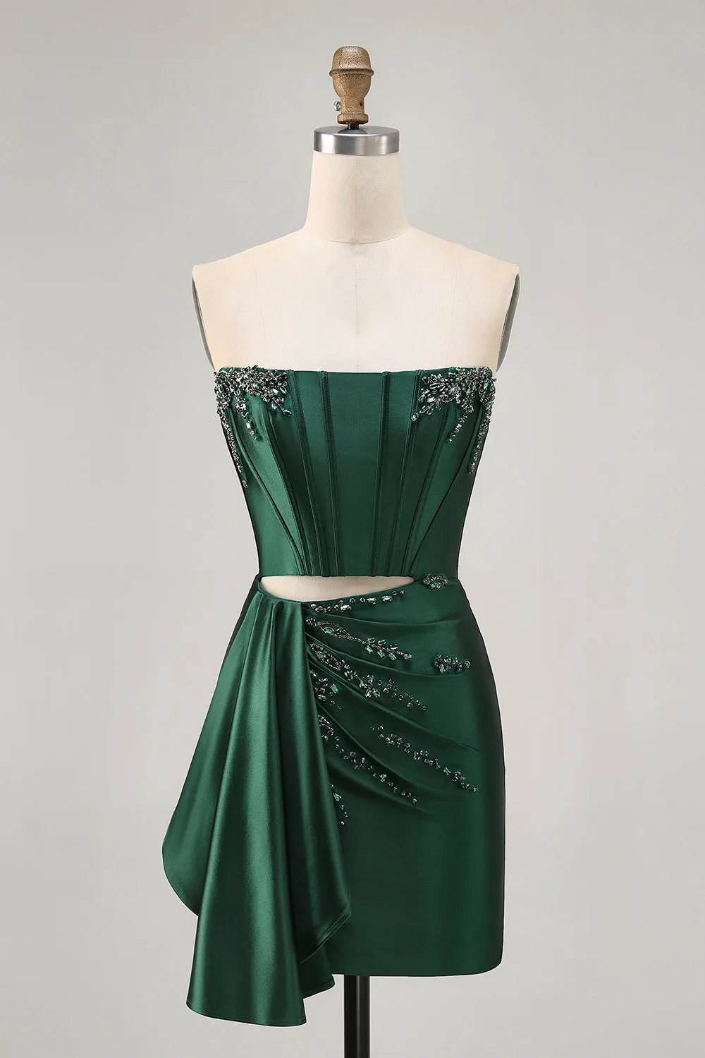 Dark Green Strapless Corset Beaded Tight Homecoming Dress with Streamer sold by Wedtrend