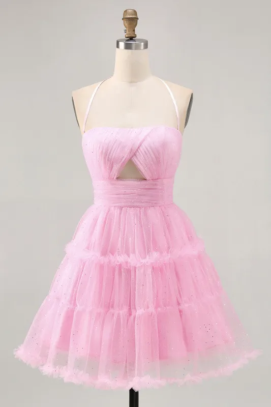 Pink Halter A Line Cut Out Ruched Short Homecoming Dress made by Wedtrend