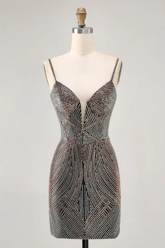 Black Bodycon Spaghetti Straps Short Homecoming Dress with Beading made by Wedtrend