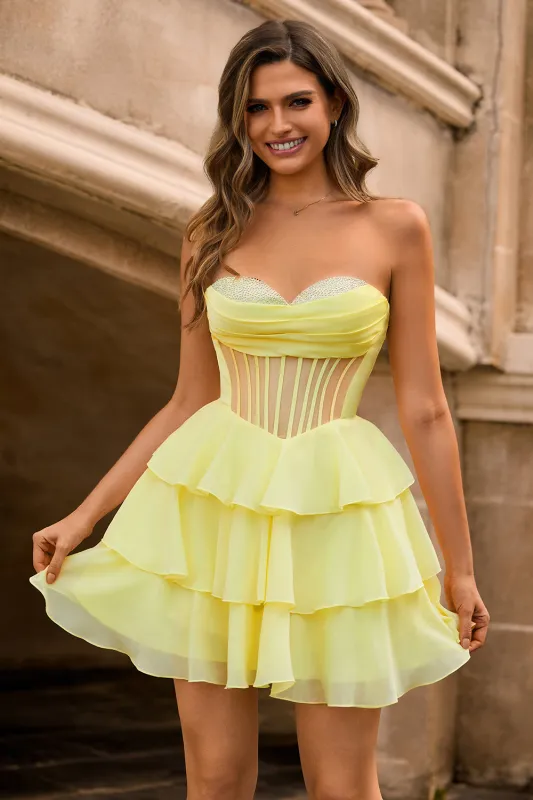 Strapless Yellow A Line Tiered Corset Beaded Homecoming Dress made by Wedtrend