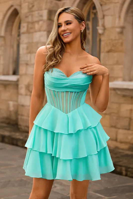 Green Strapless A Line Tiered Corset Beaded Mini Homecoming Dress sold by Wedtrend