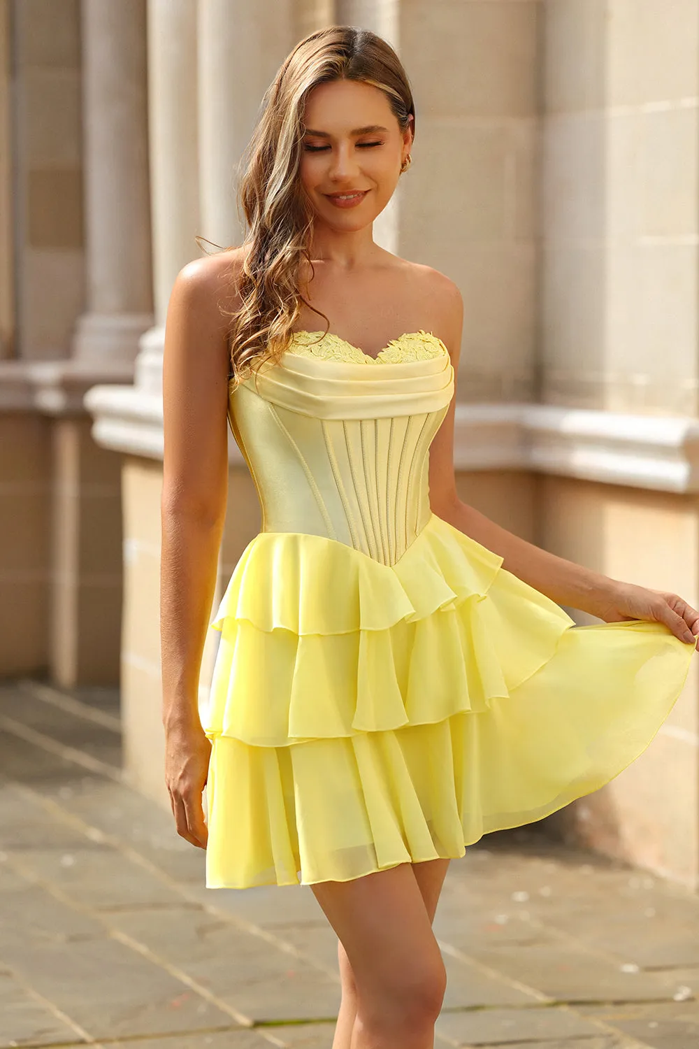 Yellow A-Line Corset Tiered Sweetheart Short Homecoming Dress sold by Wedtrend product image thumbnail 5
