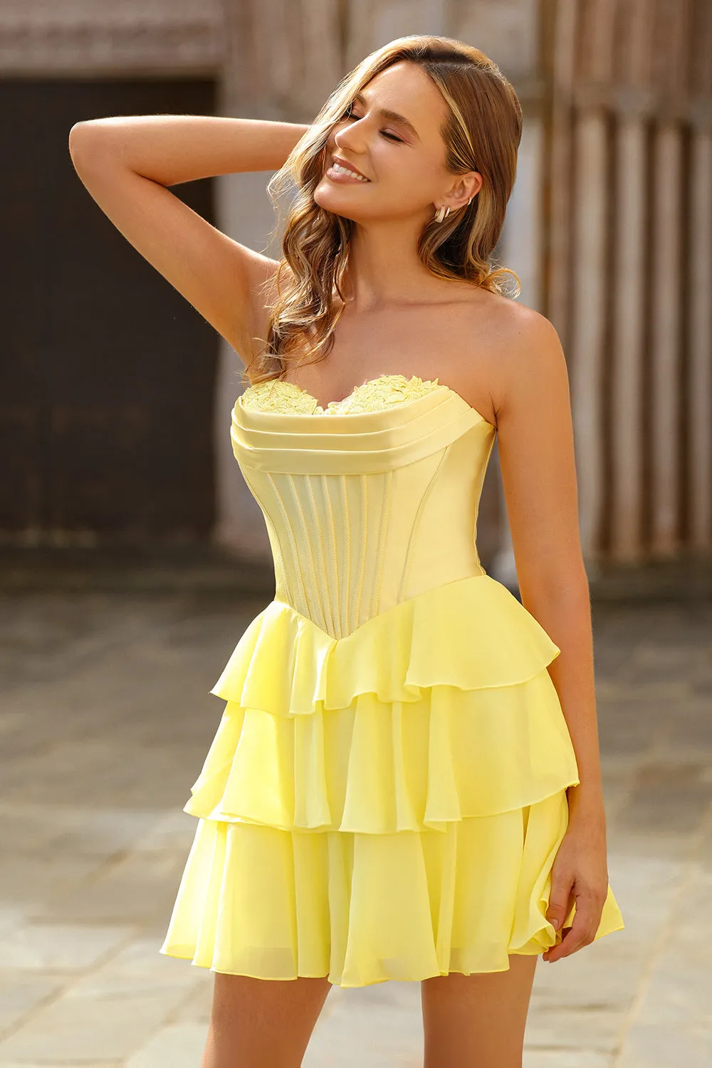 Yellow A-Line Corset Tiered Sweetheart Short Homecoming Dress sold by Wedtrend product image thumbnail 4