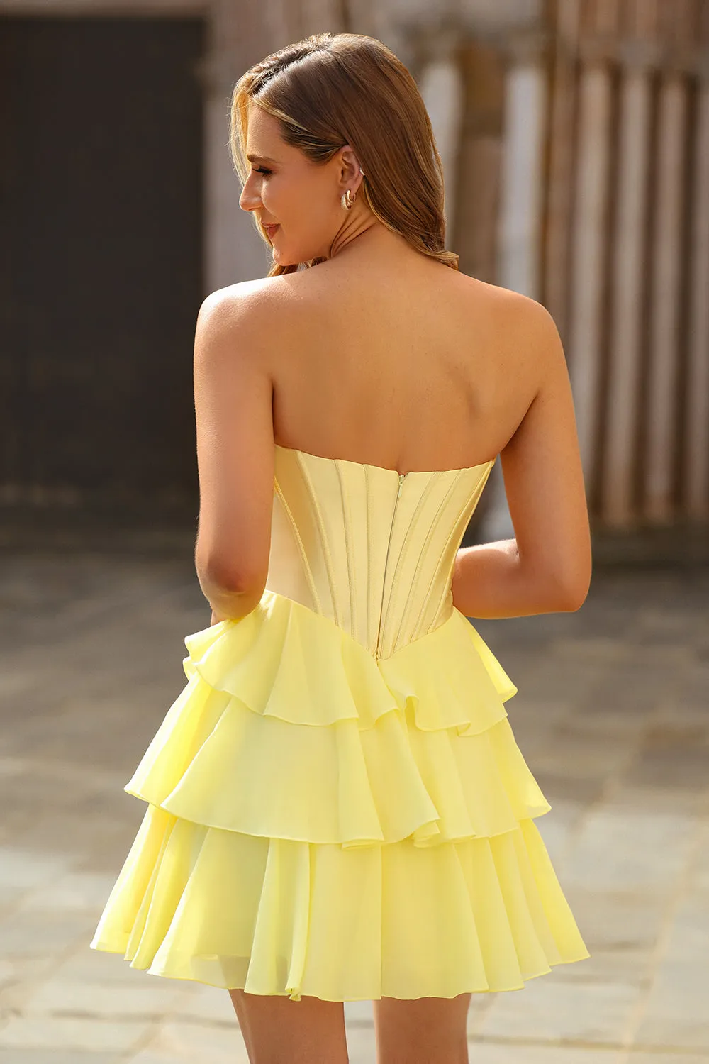 Yellow A-Line Corset Tiered Sweetheart Short Homecoming Dress sold by Wedtrend product image thumbnail 2