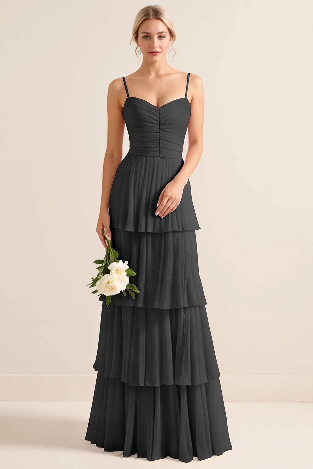 Lilac A-Line Spaghetti Straps Tiered Chiffon Long Bridesmaid Dress sold by Wedtrend product image thumbnail 3